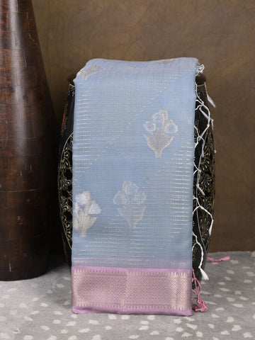 Chanderi fancy saree light blue color allover zari motifs & zari border with self pallu and plain blouse