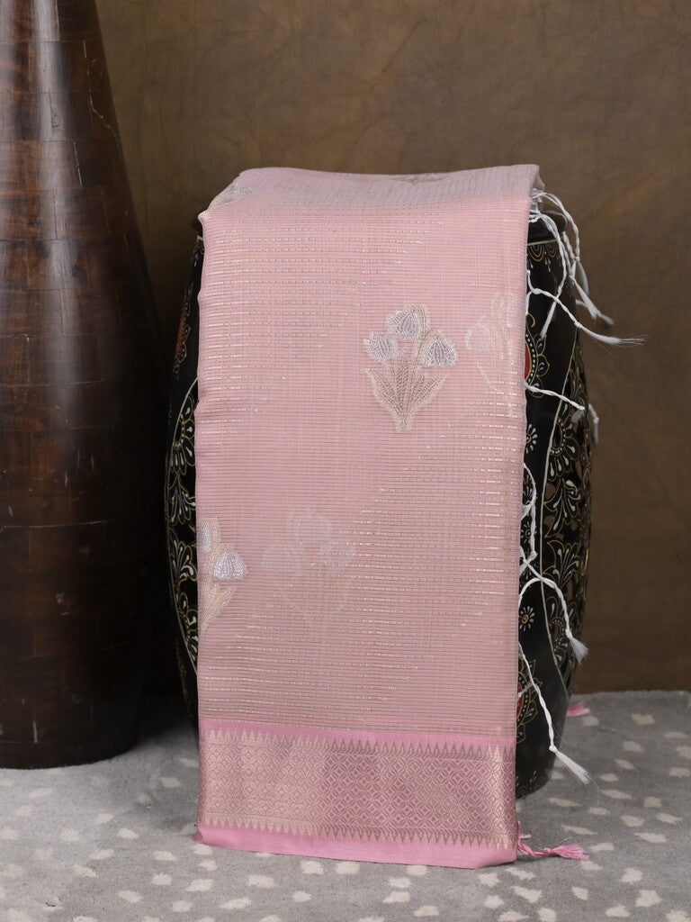 Chanderi fancy saree baby pink color allover zari motifs & zari border with self pallu and plain blouse