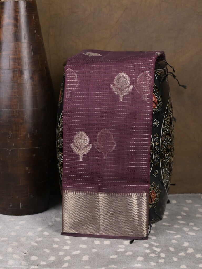 Chanderi fancy saree dark wine color allover zari motifs & zari border with self pallu and attached blouse