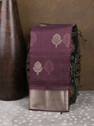 Chanderi fancy saree dark wine color allover zari motifs & zari border with self pallu and attached blouse