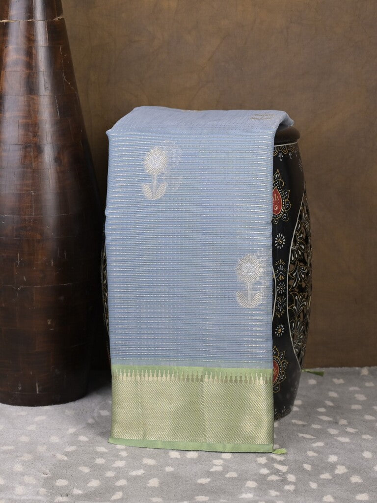 Chanderi fancy saree light blue color allover zari motifs & zari border with self pallu and attached blouse