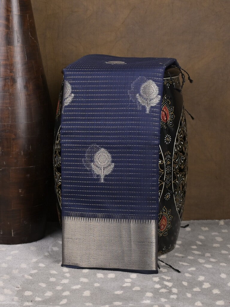 Chanderi fancy saree navy blue color allover zari motifs & zari border with self pallu and attached blouse