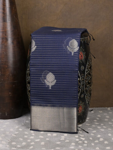 Chanderi fancy saree navy blue color allover zari motifs & zari border with self pallu and attached blouse