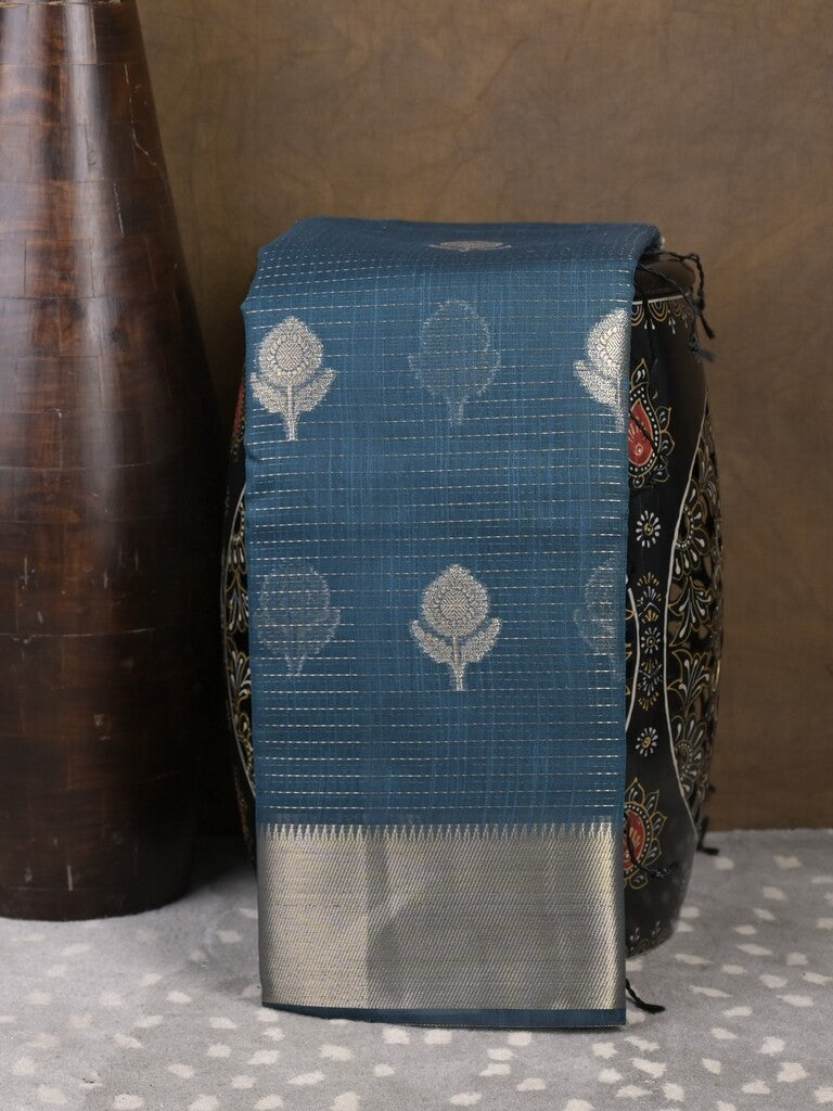 Chanderi fancy saree peacock blue color allover zari motifs & zari border with self pallu and attached blouse