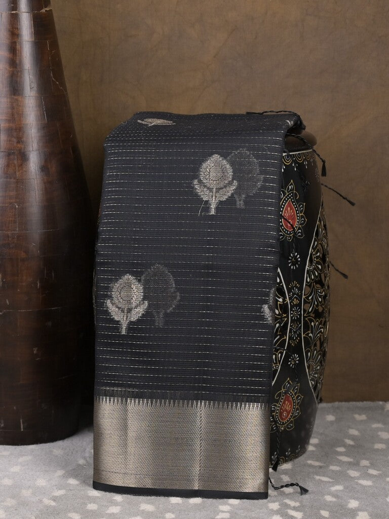 Chanderi fancy saree black color allover zari motifs & zari border with self pallu and attached blouse