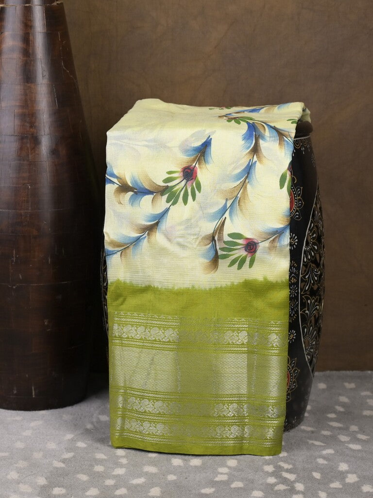 Mangalagiri fancy saree cream color allover prints & zari border with contrast pallu and plain blouse