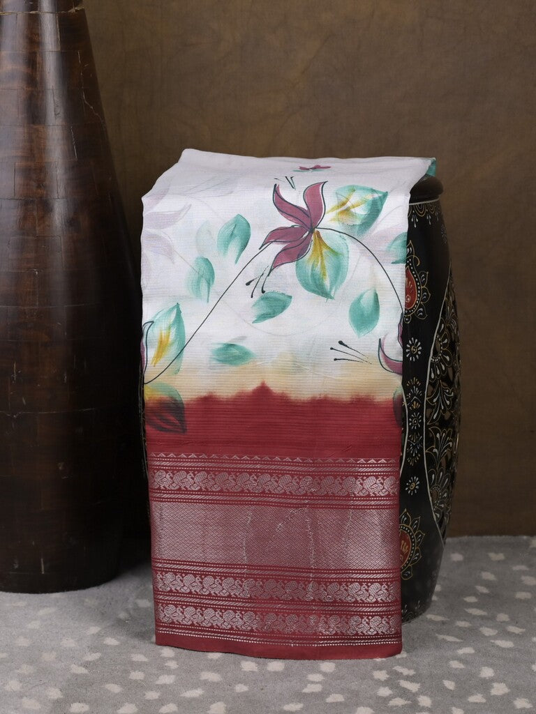 Mangalagiri fancy saree white color allover prints & zari border with contrast pallu and plain blouse