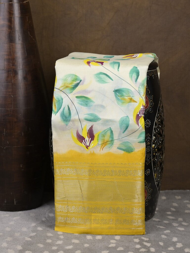 Mangalagiri fancy saree white color allover prints & zari border with contrast pallu and plain blouse