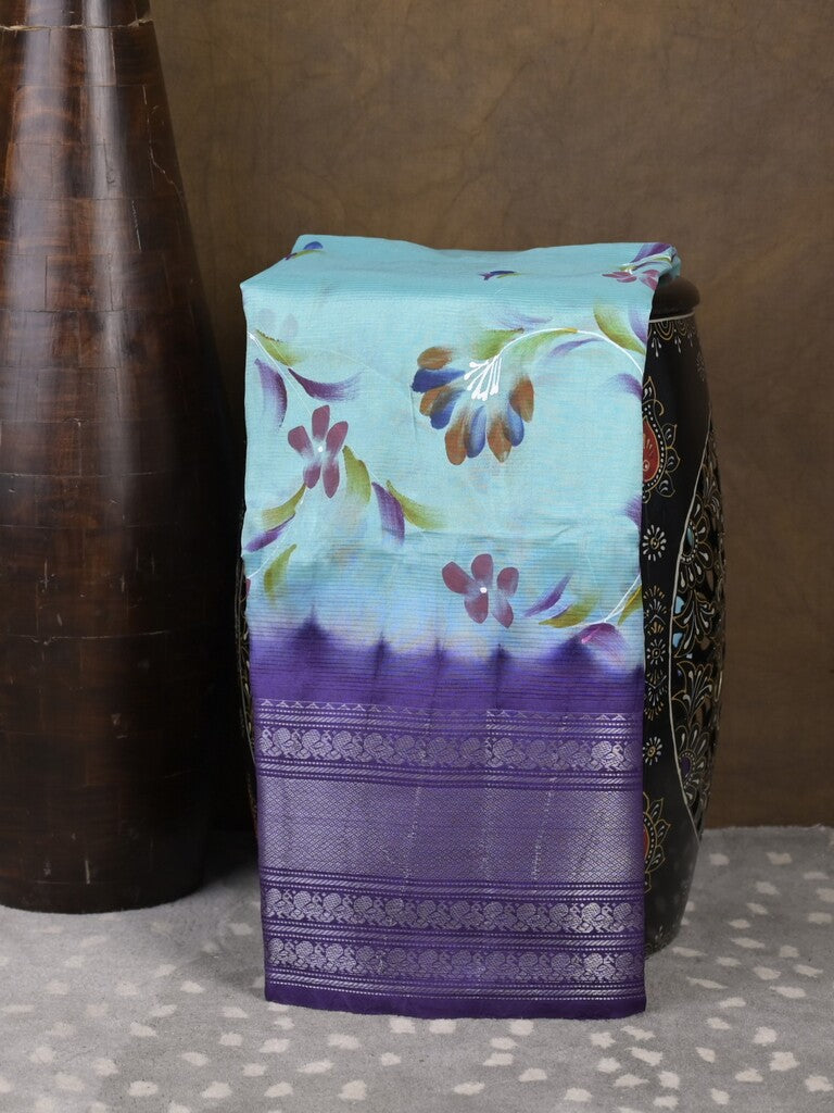 Mangalagiri fancy saree light blue color allover prints & zari border with contrast pallu and plain blouse