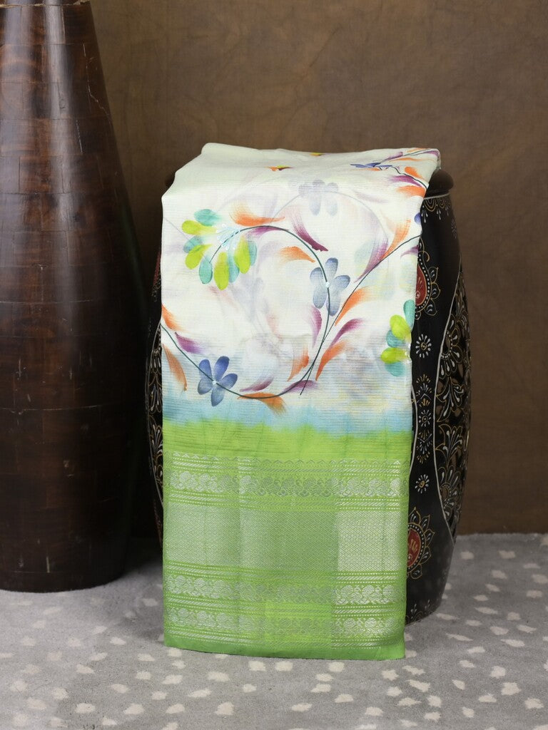 Mangalagiri fancy saree white color allover prints & zari border with contrast pallu and plain blouse