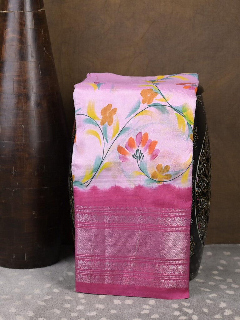 Mangalagiri fancy saree light purple color allover prints & zari border with contrast pallu and plain blouse