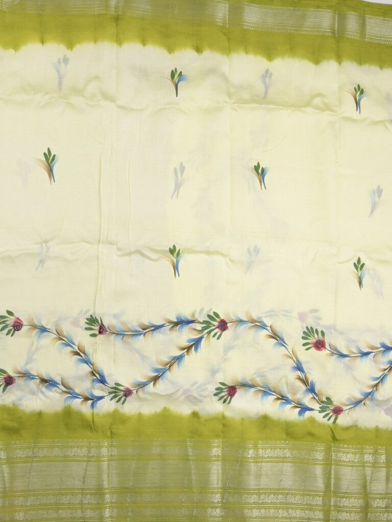 Mangalagiri fancy saree cream color allover prints & zari border with contrast pallu and plain blouse