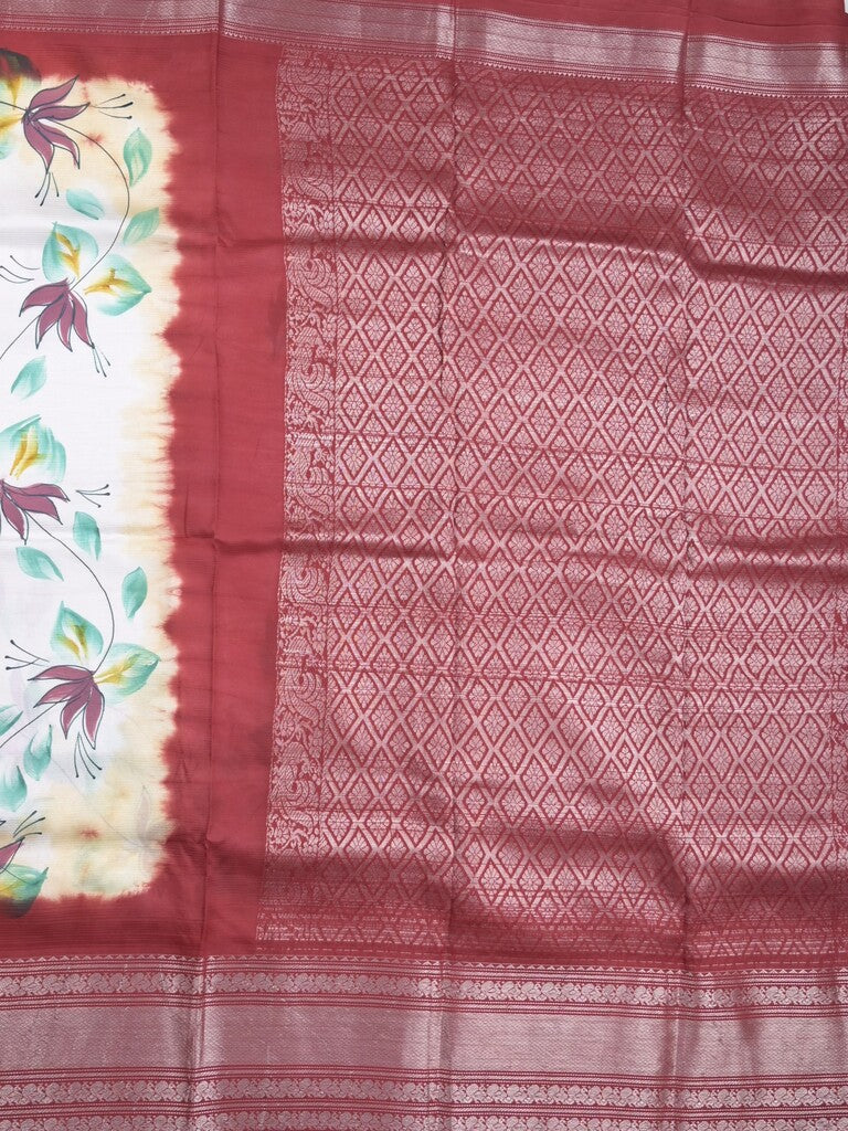 Mangalagiri fancy saree white color allover prints & zari border with contrast pallu and plain blouse