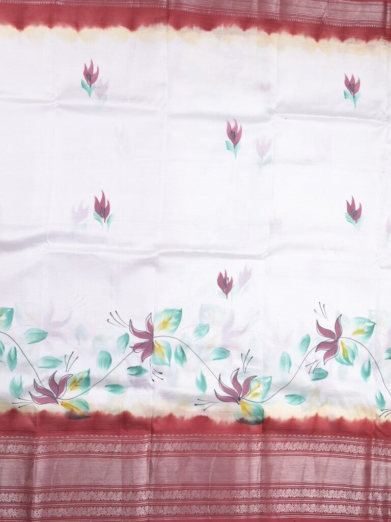 Mangalagiri fancy saree white color allover prints & zari border with contrast pallu and plain blouse
