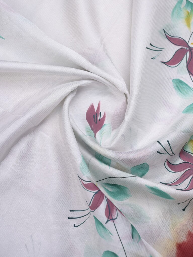 Mangalagiri fancy saree white color allover prints & zari border with contrast pallu and plain blouse