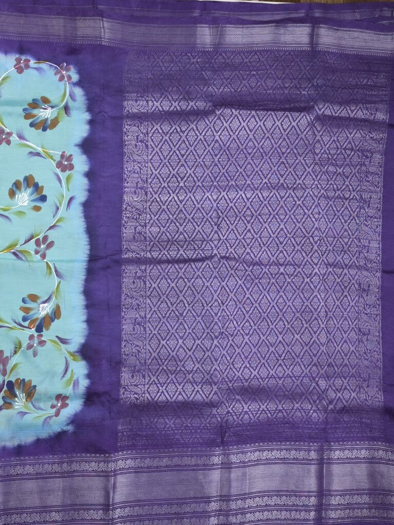 Mangalagiri fancy saree light blue color allover prints & zari border with contrast pallu and plain blouse