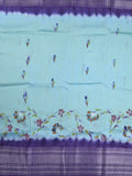 Mangalagiri fancy saree light blue color allover prints & zari border with contrast pallu and plain blouse