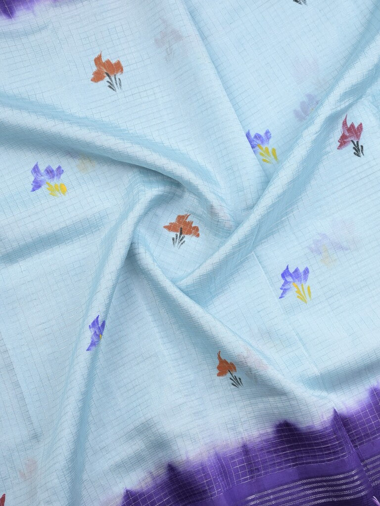 Mangalagiri fancy saree pastel blue color allover prints & zari border with contrast pallu and plain blouse