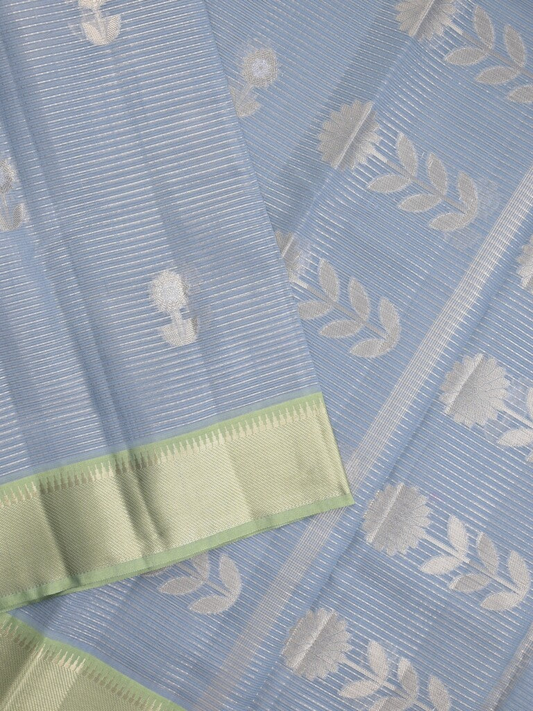 Chanderi fancy saree light blue color allover zari motifs & zari border with self pallu and attached blouse