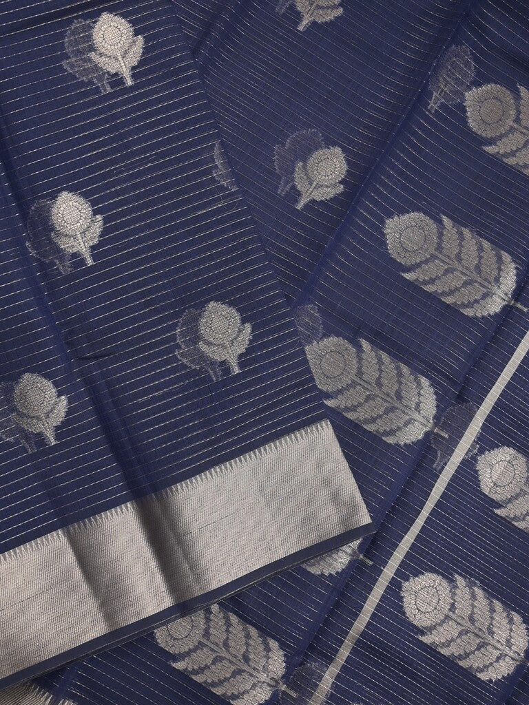 Chanderi fancy saree navy blue color allover zari motifs & zari border with self pallu and attached blouse