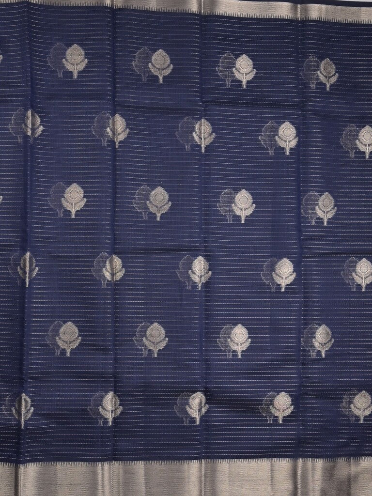 Chanderi fancy saree navy blue color allover zari motifs & zari border with self pallu and attached blouse