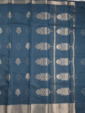 Chanderi fancy saree peacock blue color allover zari motifs & zari border with self pallu and attached blouse