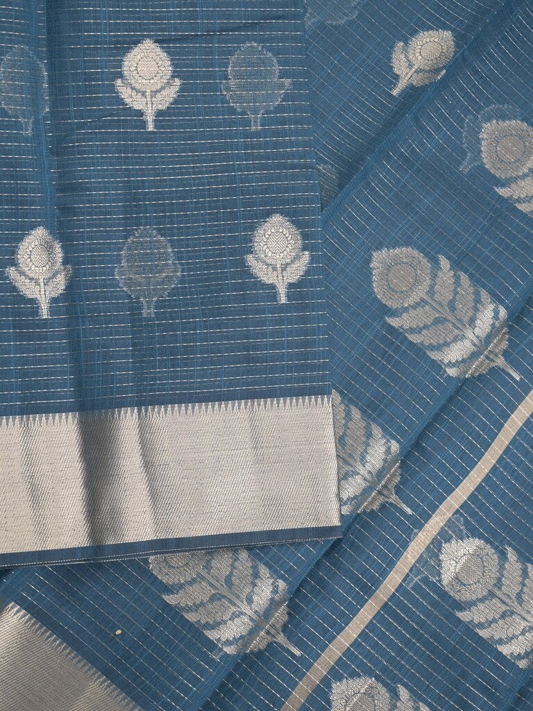 Chanderi fancy saree peacock blue color allover zari motifs & zari border with self pallu and attached blouse
