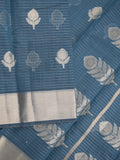 Chanderi fancy saree peacock blue color allover zari motifs & zari border with self pallu and attached blouse