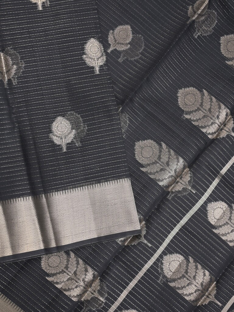 Chanderi fancy saree black color allover zari motifs & zari border with self pallu and attached blouse