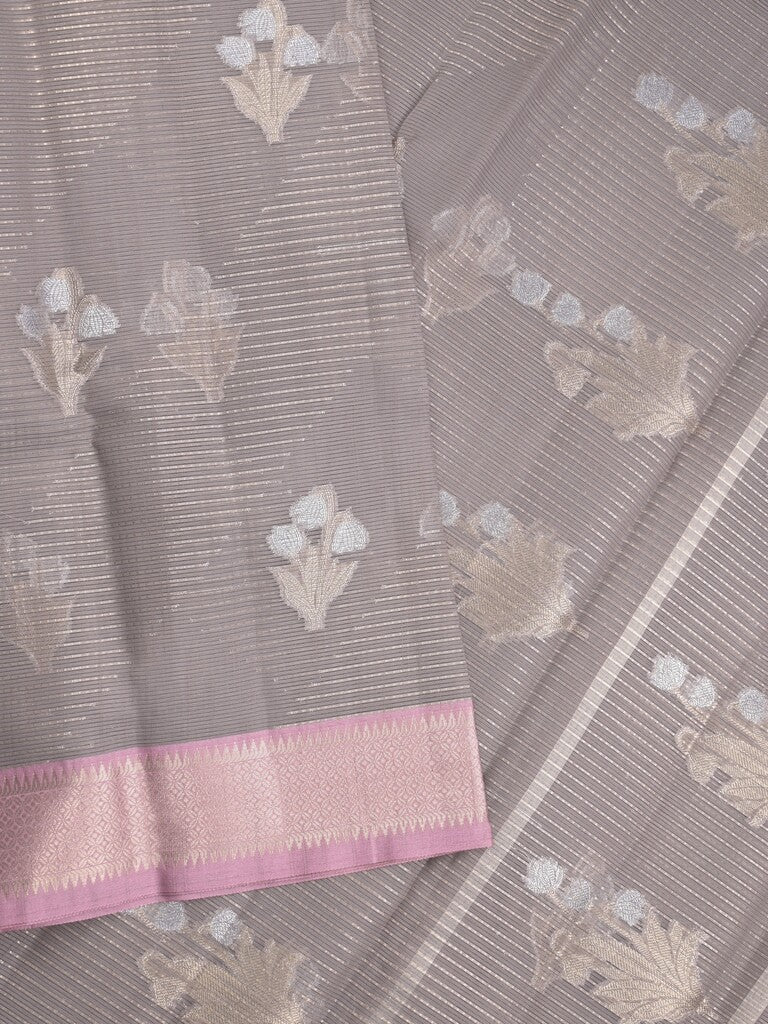 Chanderi fancy saree grey color allover zari motifs & zari border with self pallu and plain blouse
