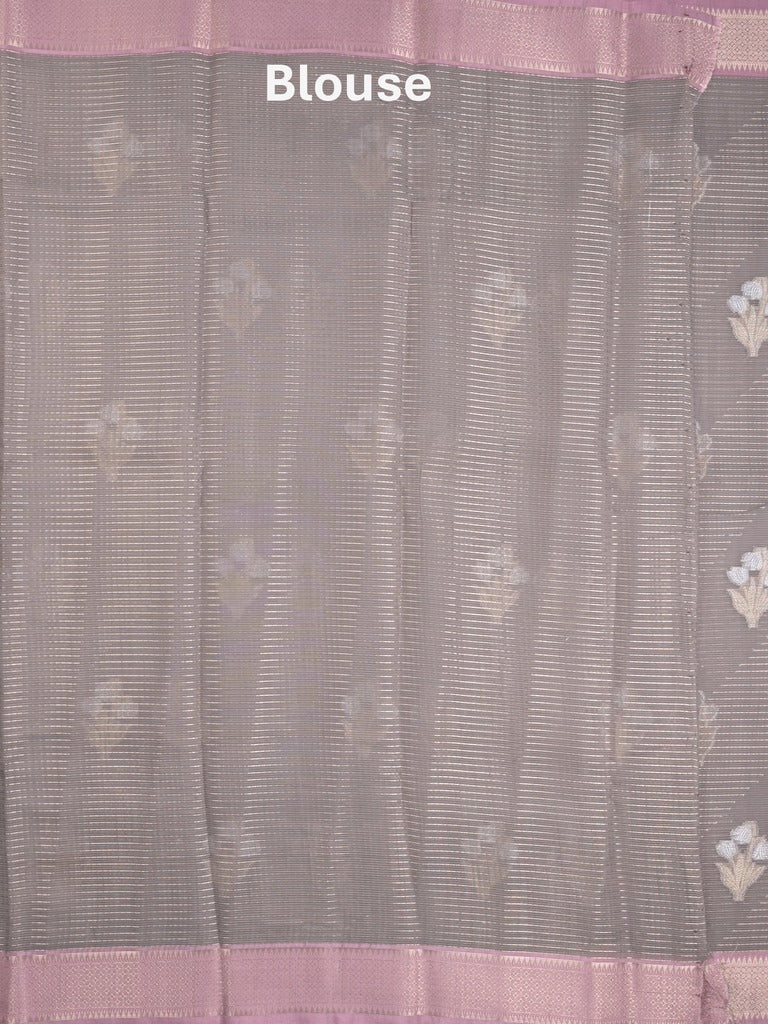 Chanderi fancy saree grey color allover zari motifs & zari border with self pallu and plain blouse