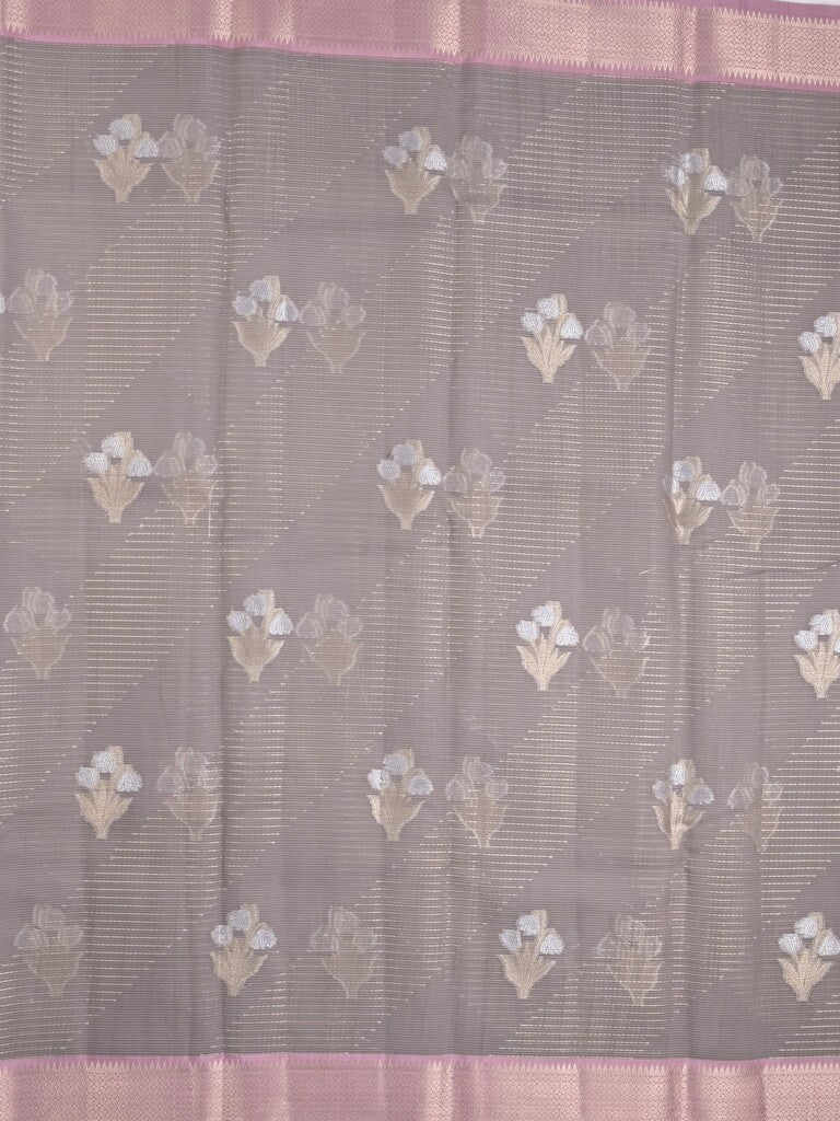 Chanderi fancy saree grey color allover zari motifs & zari border with self pallu and plain blouse