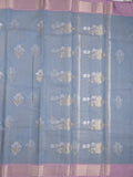 Chanderi fancy saree light blue color allover zari motifs & zari border with self pallu and plain blouse