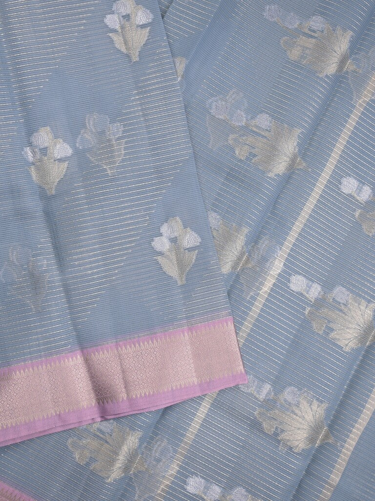 Chanderi fancy saree light blue color allover zari motifs & zari border with self pallu and plain blouse