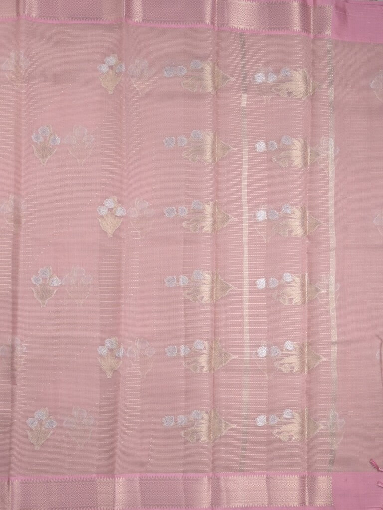 Chanderi fancy saree baby pink color allover zari motifs & zari border with self pallu and plain blouse