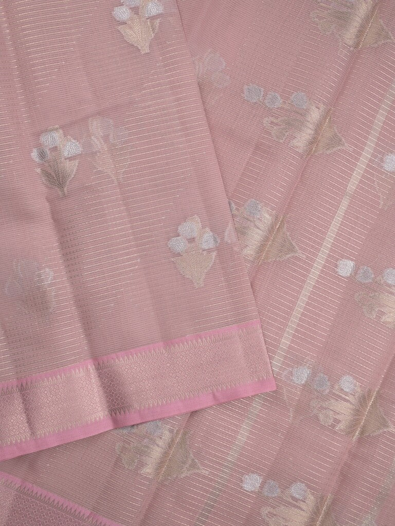 Chanderi fancy saree baby pink color allover zari motifs & zari border with self pallu and plain blouse