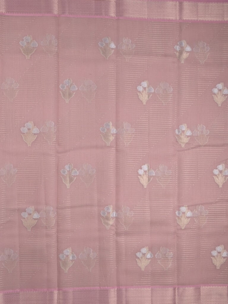 Chanderi fancy saree baby pink color allover zari motifs & zari border with self pallu and plain blouse