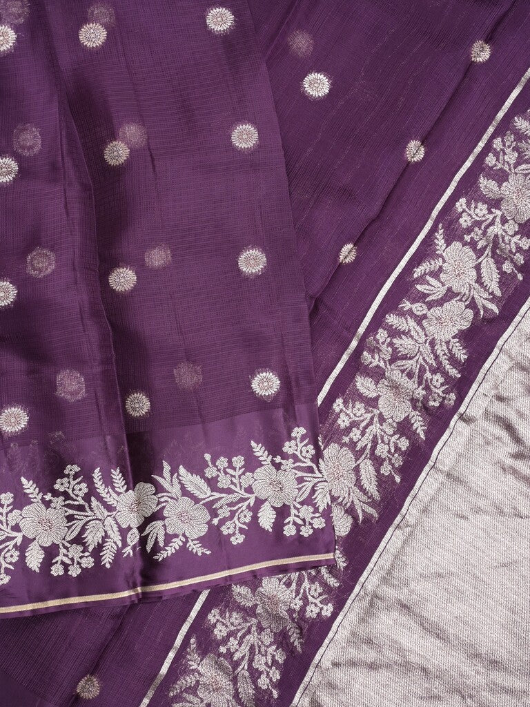 Pure kota fancy saree dark wine color allover zari motifs & zari border with rich pallu and attached blouse