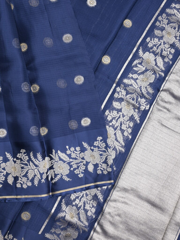 Pure kota fancy saree navy blue color allover zari motifs & zari border with rich pallu and attached blouse