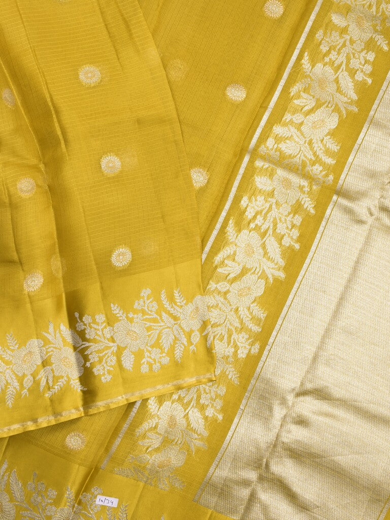 Pure kota fancy saree golden yellow color allover zari motifs & zari border with rich pallu and attached blouse