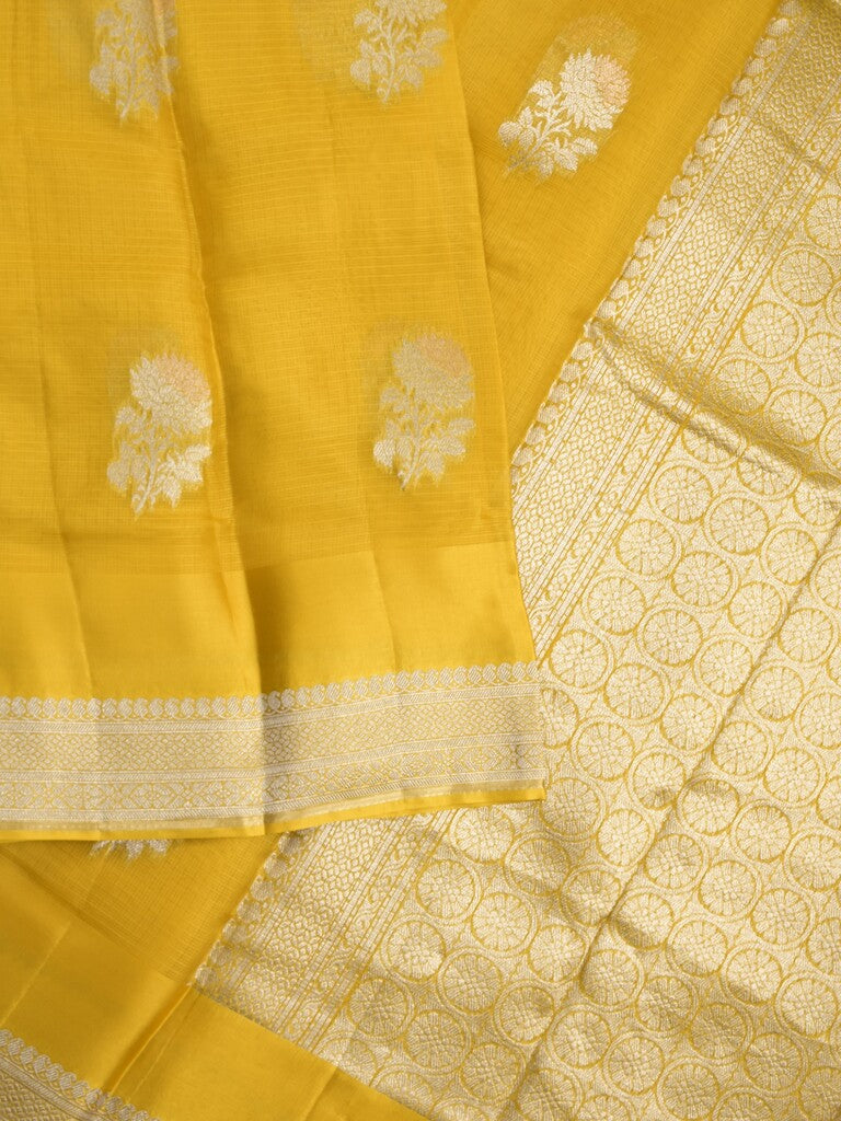 Pure kota fancy saree golden yellow color allover zari motifs & zari border with rich pallu and attached blouse