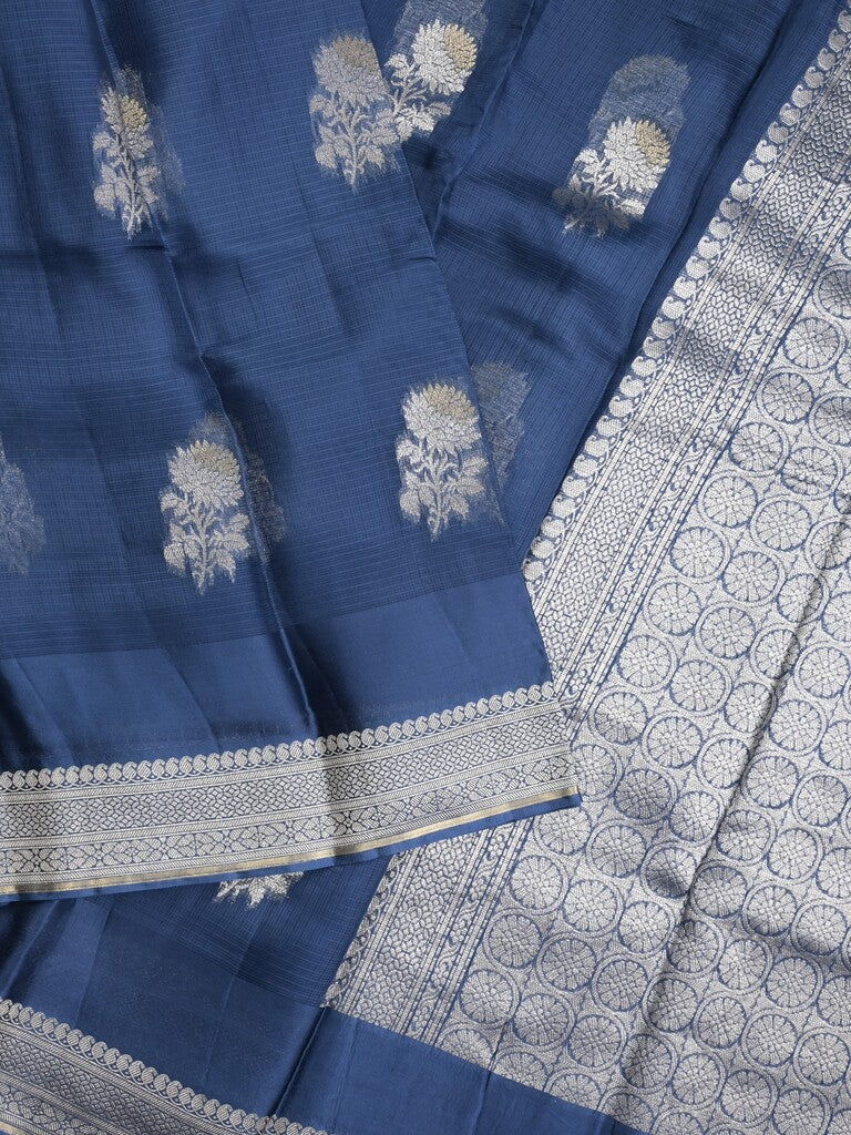 Pure kota fancy saree navy blue color allover zari motifs & zari border with rich pallu and attached blouse