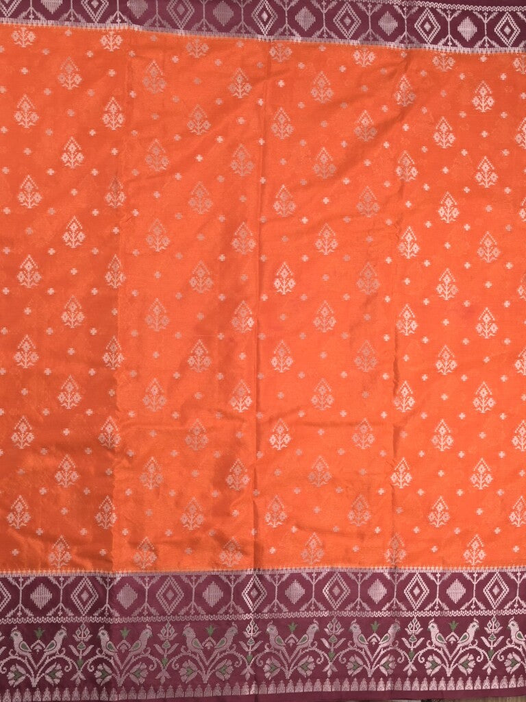 Mangalagiri fancy saree orange color allover zari weaves & zari border with contrast pallu and brocade blouse
