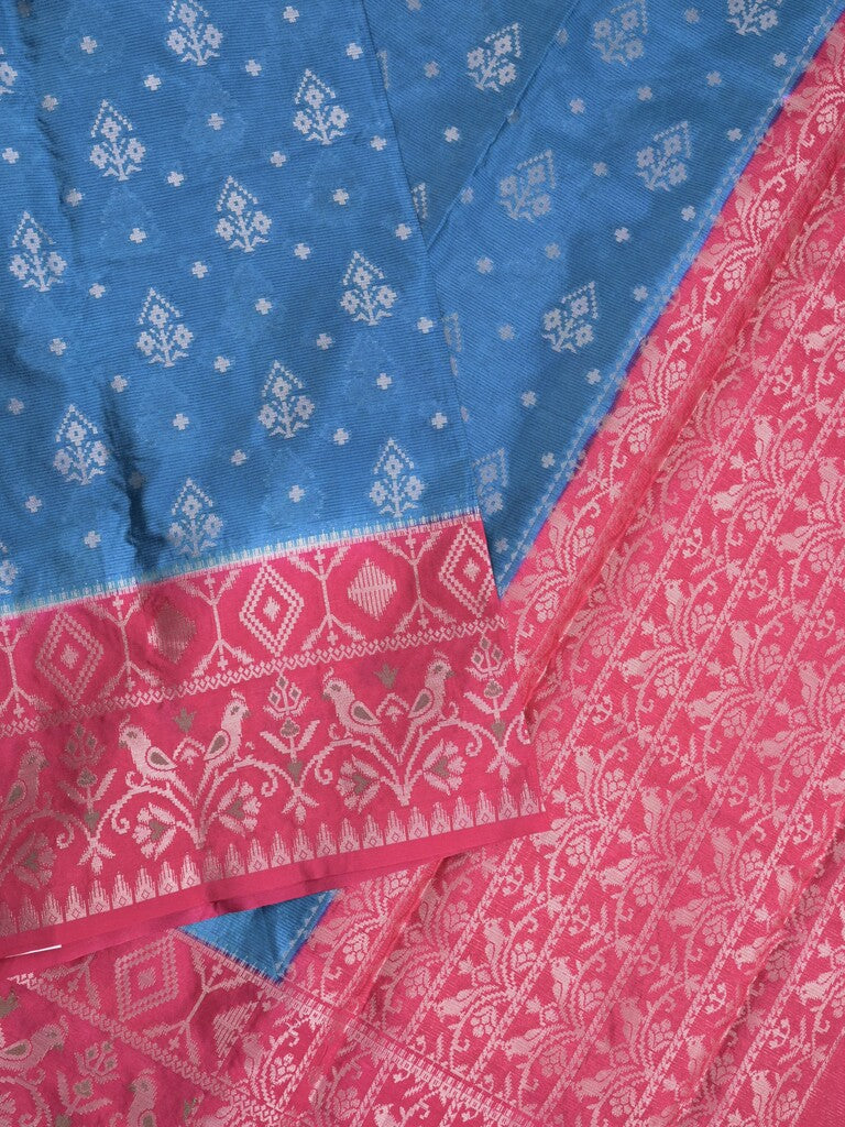 Mangalagiri fancy saree blue color allover zari weaves & zari border with contrast pallu and brocade blouse