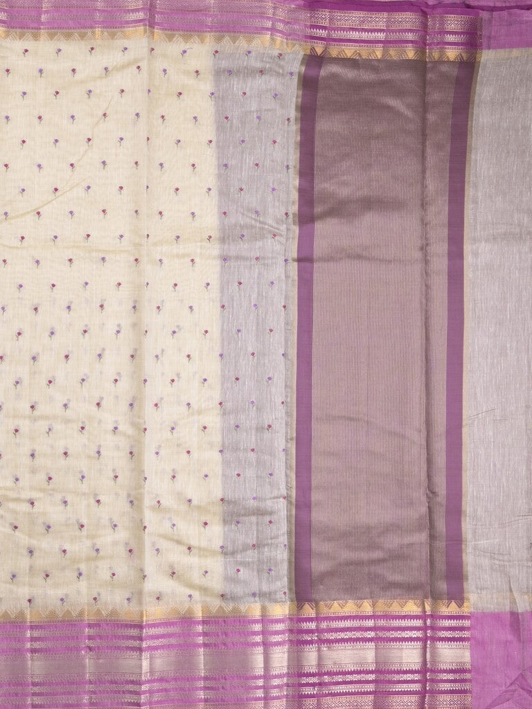 Chanderi fancy saree cream color allover zari motifs & zari border with zari pallu and attached contrast plain blouse