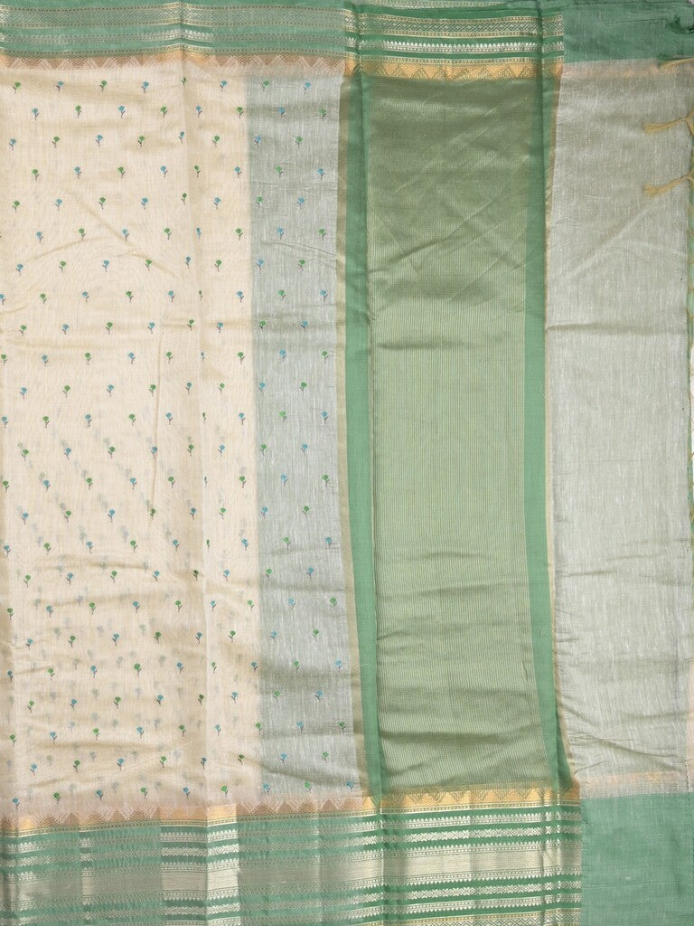 Chanderi fancy saree cream color allover zari motifs & zari border with zari pallu and attached contrast plain blouse