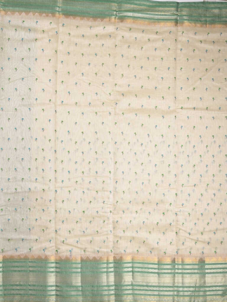 Chanderi fancy saree cream color allover zari motifs & zari border with zari pallu and attached contrast plain blouse