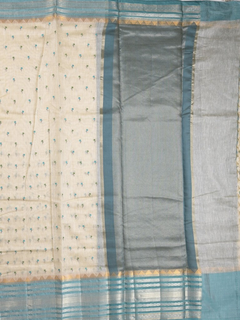 Chanderi fancy saree cream color allover zari motifs & zari border with zari pallu and attached contrast plain blouse