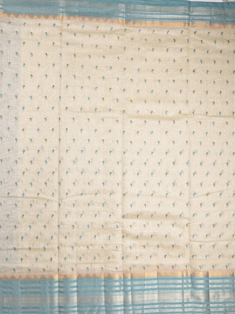 Chanderi fancy saree cream color allover zari motifs & zari border with zari pallu and attached contrast plain blouse