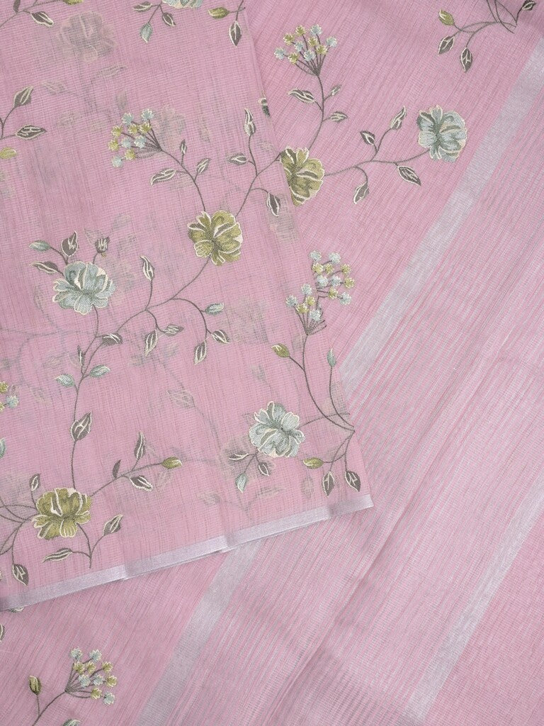 Kota fancy saree light purple color allover embroidery with striped pallu plain attached plain blouse